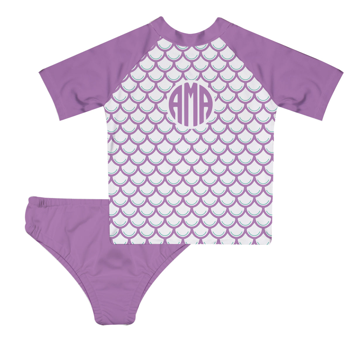 Mermaid Monogram White And Purple 2pc Short Sleeve Rash Guard - Wimziy&Co.