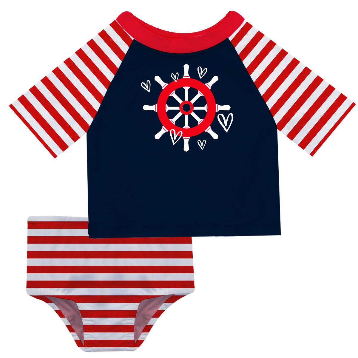 Nautical Name Navy Red Stripes 2pc Short Sleeve Rashguards - Wimziy&Co.