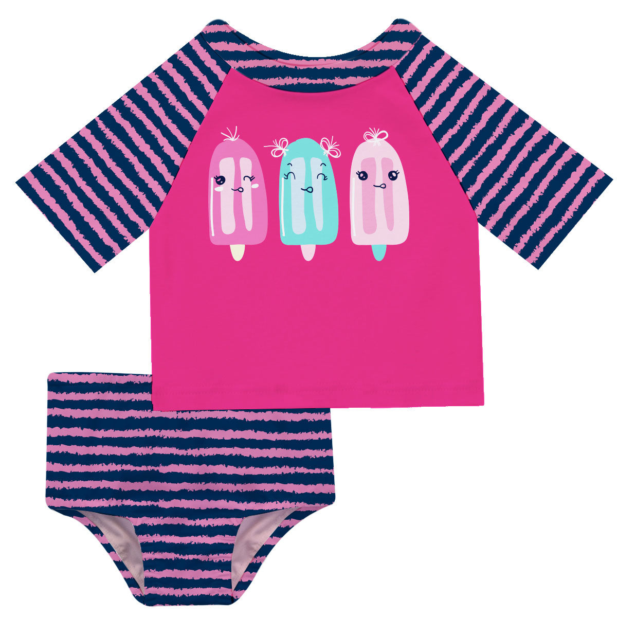 Popsicles Name Navy and Pink Stripes 2pc Short Sleeve Rash Guard - Wimziy&Co.