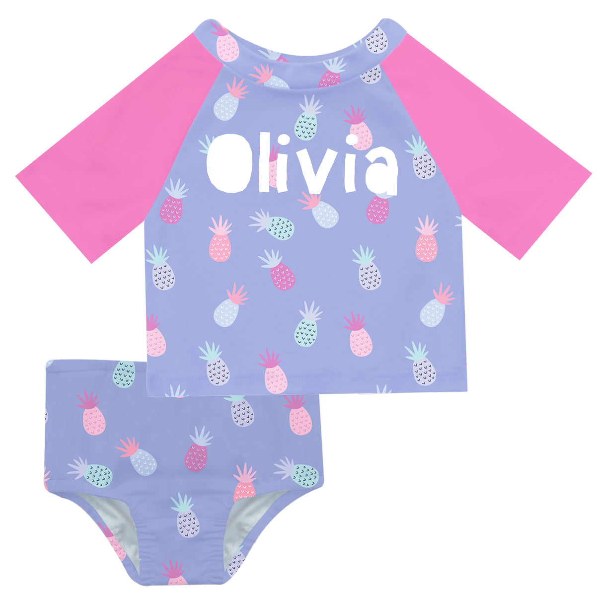 Pineapples Print Name Purple and Pink 2pc Short Sleeve Rash Guard - Wimziy&Co.