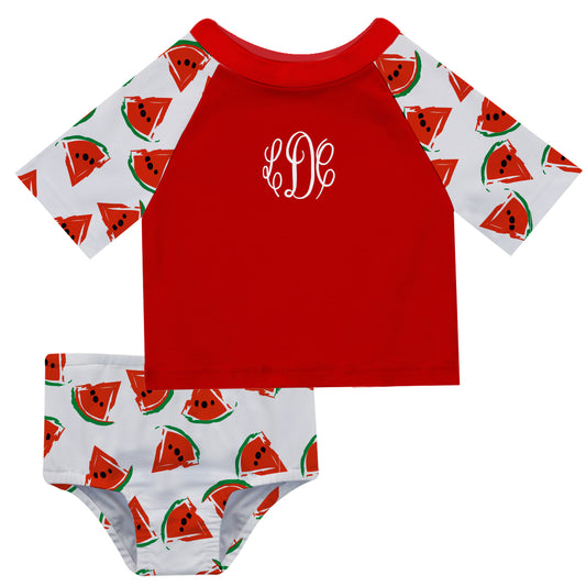 Watermelons Print Monogram Red and White 2pc Short Sleeve Rash Guard - Wimziy&Co.