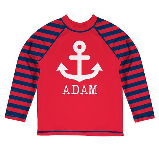 Anchor Personalized Name Red and Navy Long Sleeve Rash Guard