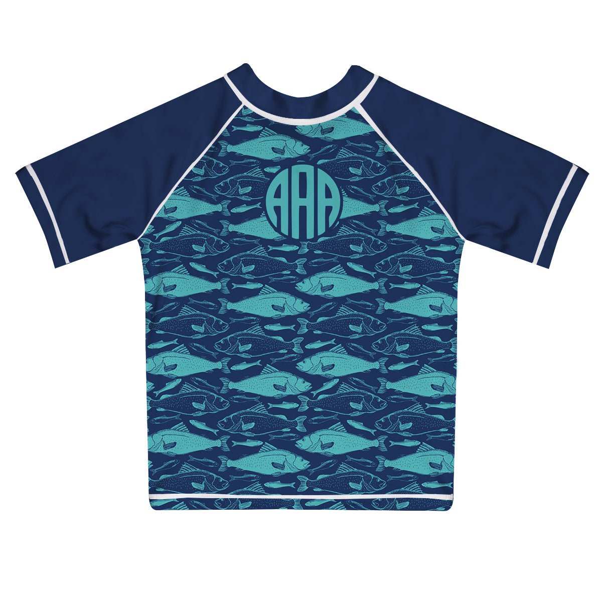 Fishes Print Monogram Navy and Aqua Short Sleeve Rash Guard - Wimziy&Co.