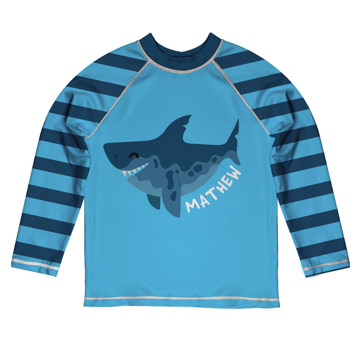 Shark Personalized Name Turquoise and Blue Stripes Long Sleeve Rash Guard