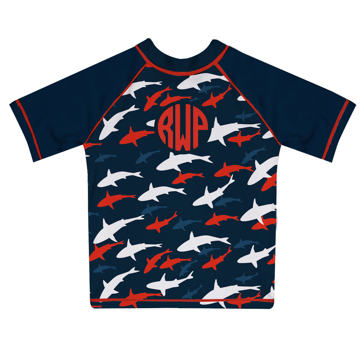 Shark Print Monogram Navy Short Sleeve Rash Guard - Wimziy&Co.