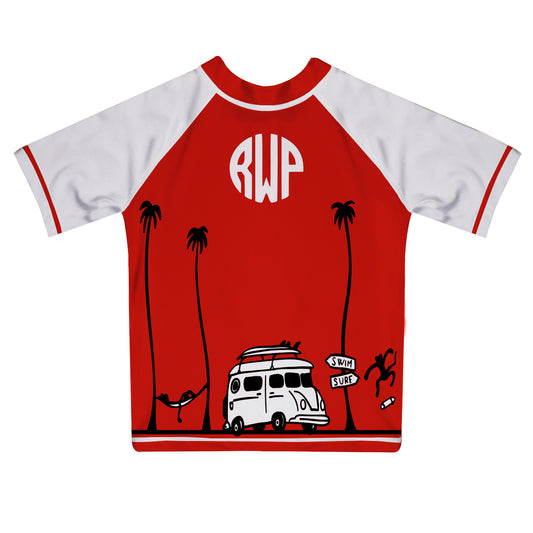Swim Or Surf Monogram Red and White Short Sleeve Rash Guard - Wimziy&Co.
