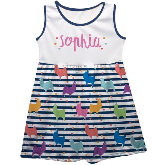 White and navy stripes with multicolor llamas a line dress with name - Wimziy&Co.