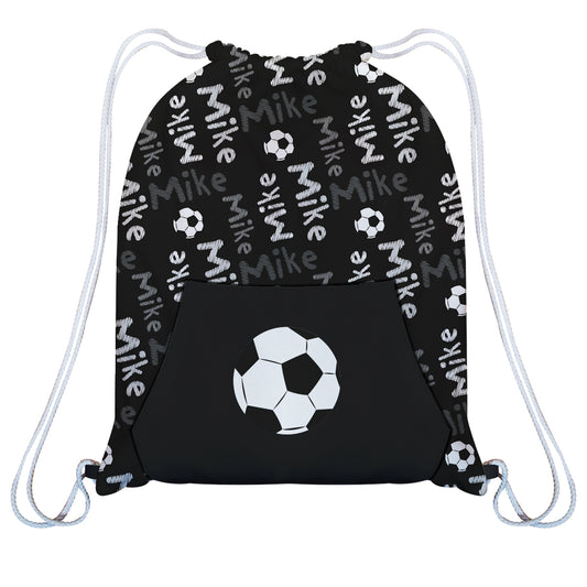 Soccer Ball and Name Print Black Fleece Gym Bag With Kangaroo Pocket - Wimziy&Co.