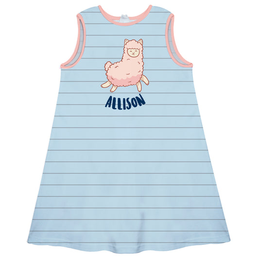 Light blue and gray stripes cute llama a line dress with name - Wimziy&Co.