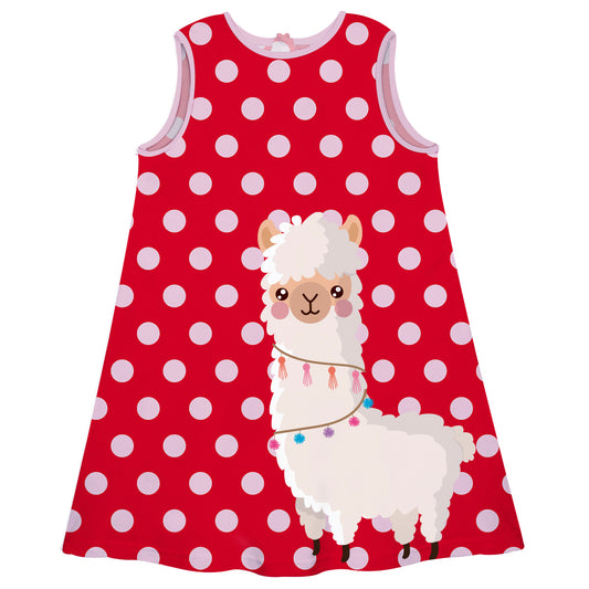 Red with pink dots and llama girls a line dress - Wimziy&Co.