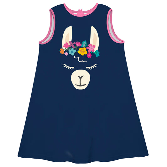 Navy and pink llama face girls a line dress - Wimziy&Co.