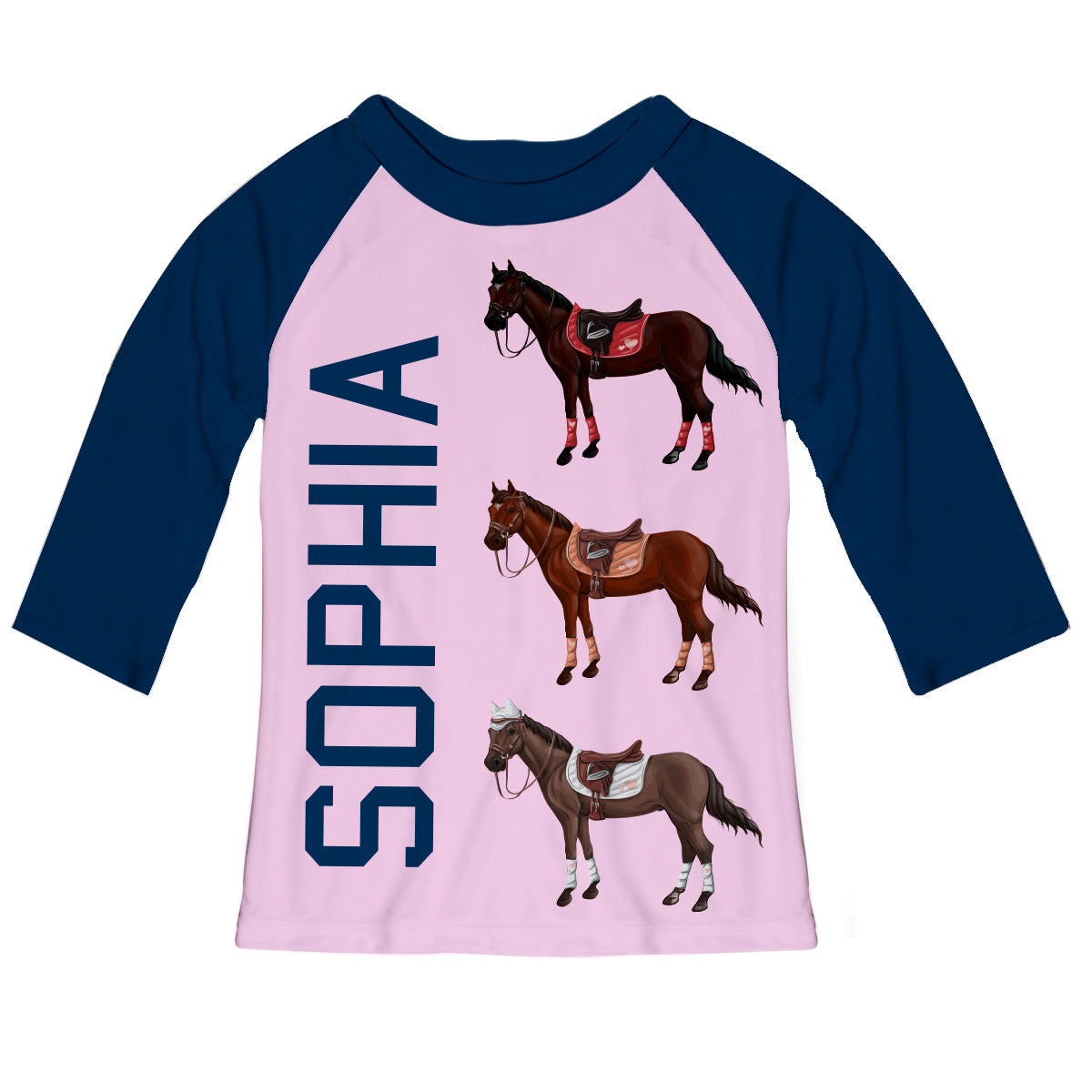 Light pink and navy sleeves blouse with horses and name - Wimziy&Co.
