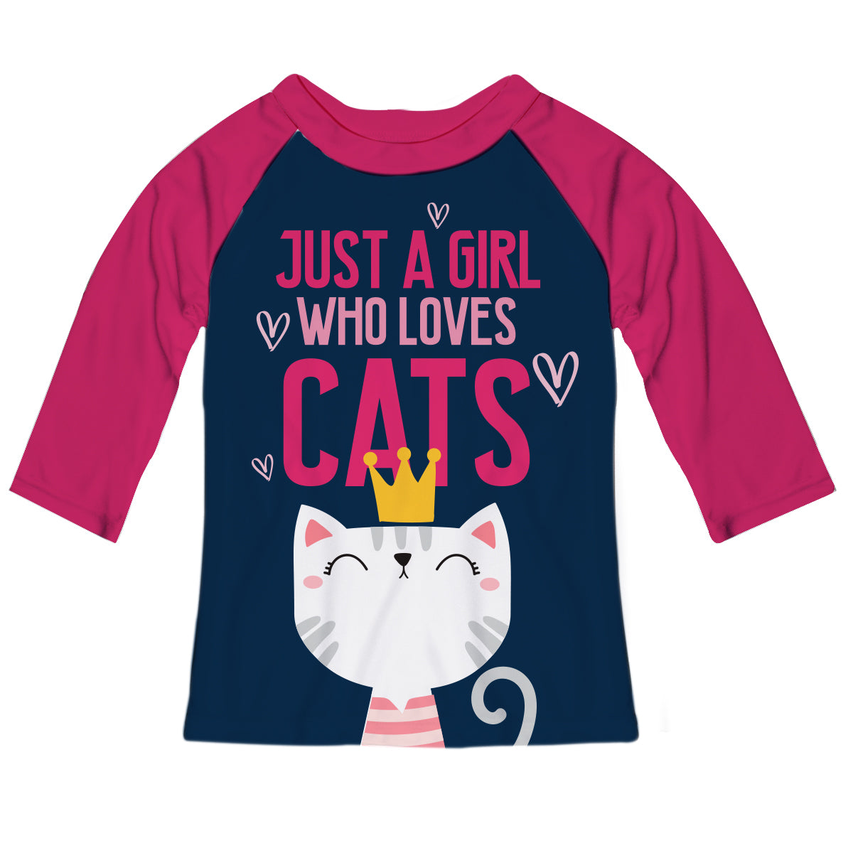 Just A Girl Who Loves Cats Navy and Hot Pink Tee Shirt 3/4 Sleeve - Wimziy&Co.