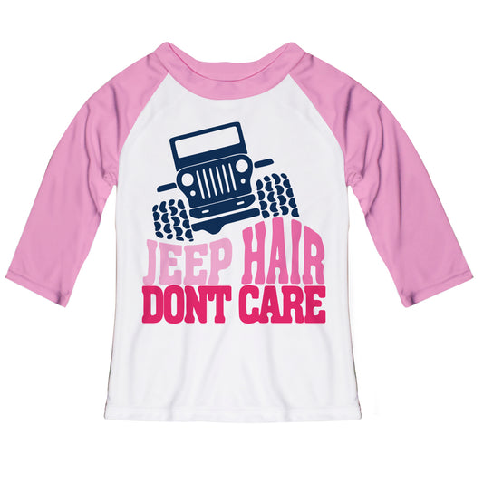Jeep Hair Dont Care White And Pink Raglan Tee Shirt three quarter Sleeve - Wimziy&Co.