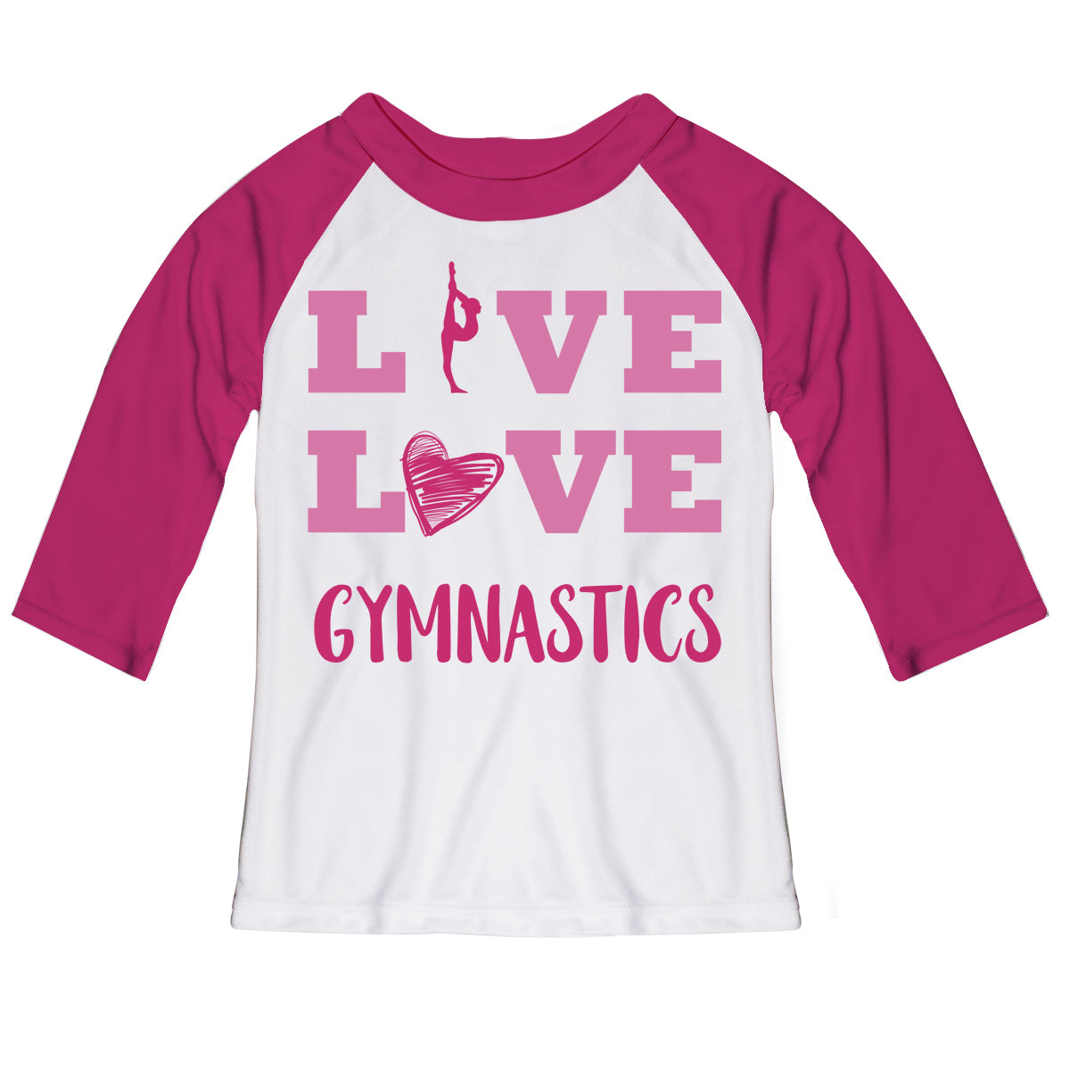 White and pink 'live, love, gymnastics' raglan three quarter sleeve tee shirt - Wimziy&Co.