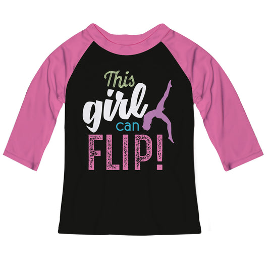 This Girls Can Flip Black and Pink Raglan Tee Shirt Three Quarter Sleeve - Wimziy&Co.
