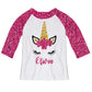 White and hot pink glitter unicorn face three quarter sleeve blouse with name - Wimziy&Co.