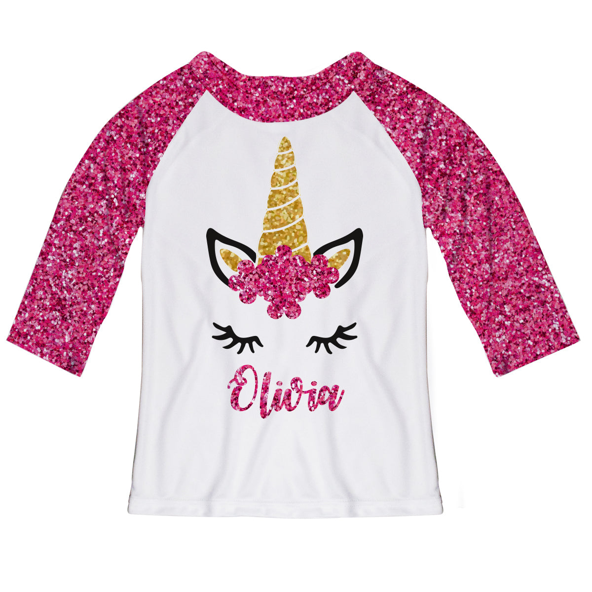 White and hot pink glitter unicorn face three quarter sleeve blouse with name - Wimziy&Co.