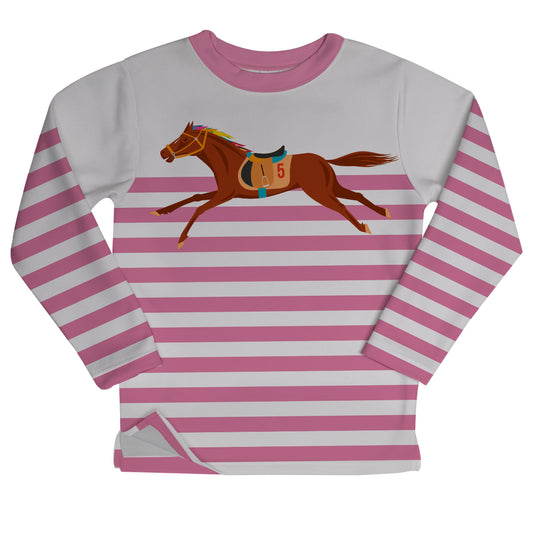 Pink and white stripes long sleeve fleece sweatshirt with horse - Wimziy&Co.