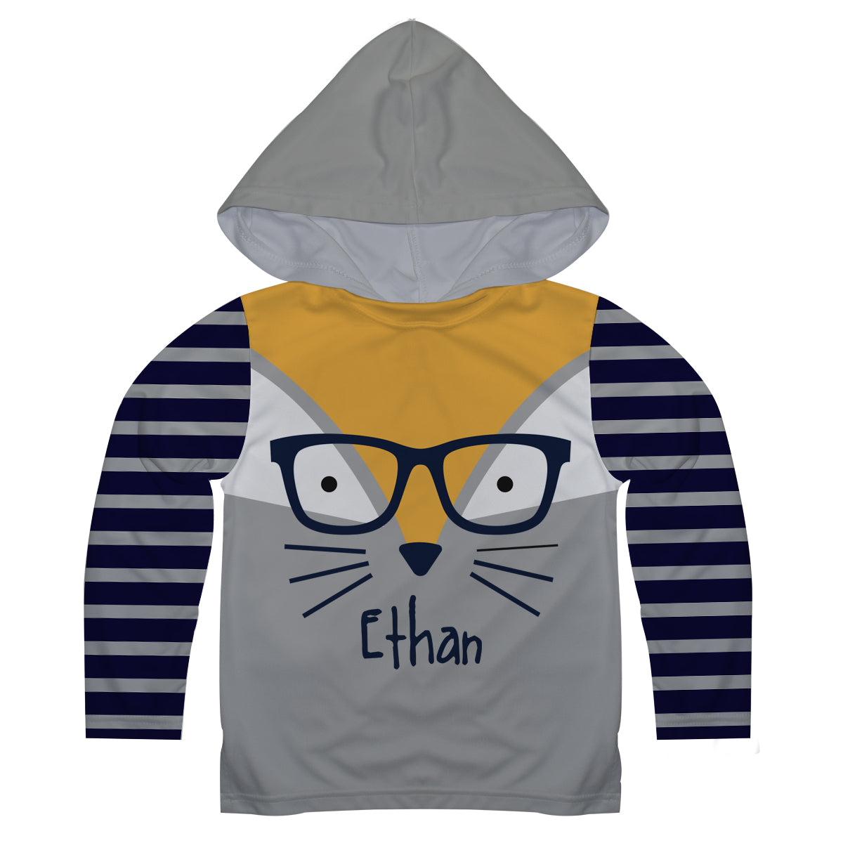 Boys gray and orange fox face long sleeve hooded tee shirt with name - Wimziy&Co.