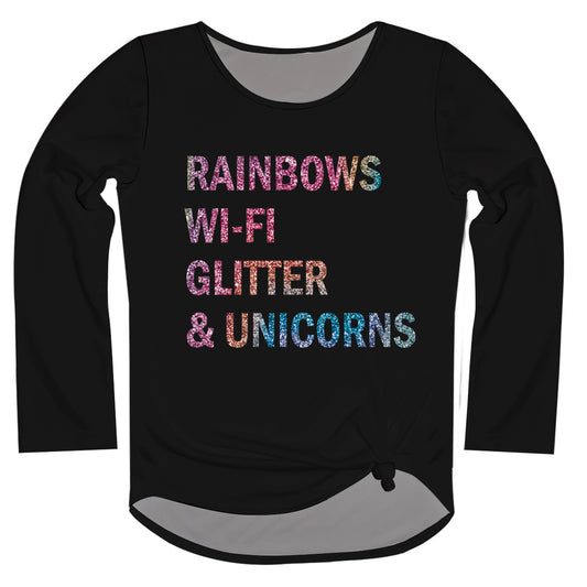 Rainbows Wifi Glitter Unicorns Black Long Sleeve Knot Top - Wimziy&Co.