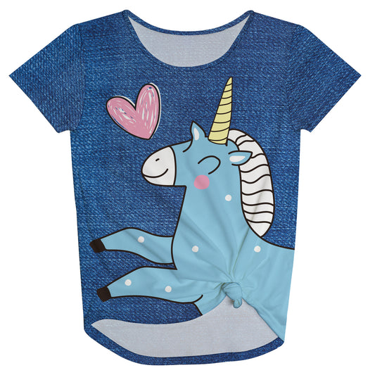 Unicorn And Heart Blue Denim Knot Top - Wimziy&Co.