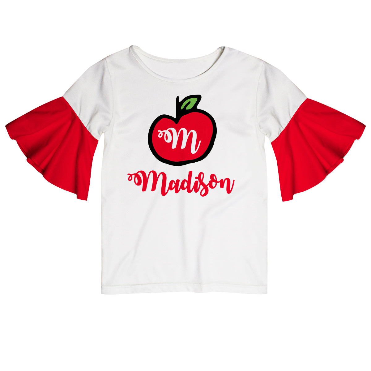 Apple Name and Initial White And Red Short Sleeve Ruffle Top - Wimziy&Co.