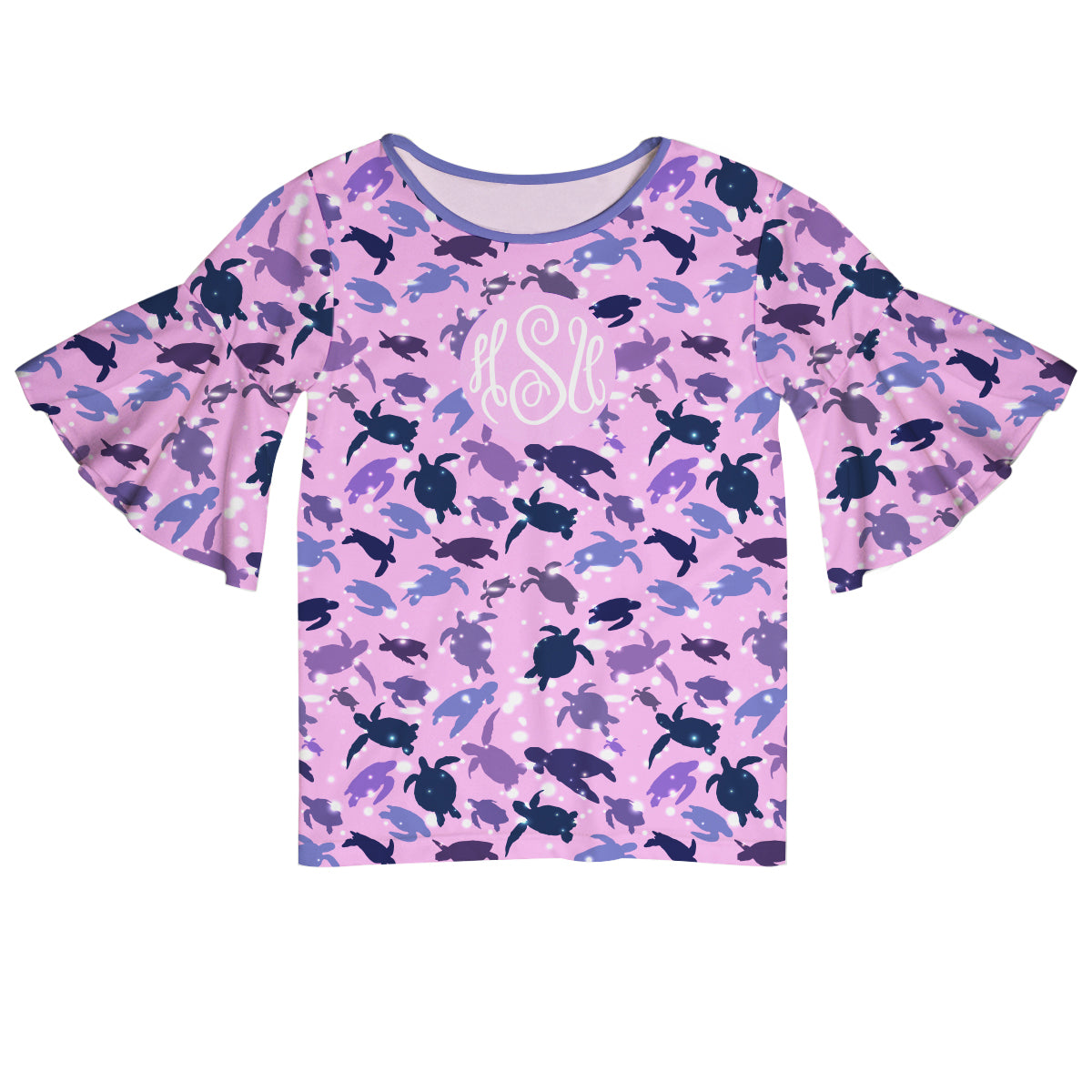 Turtles Print Monogram Pink Short Sleeve Ruffle Top - Wimziy&Co.