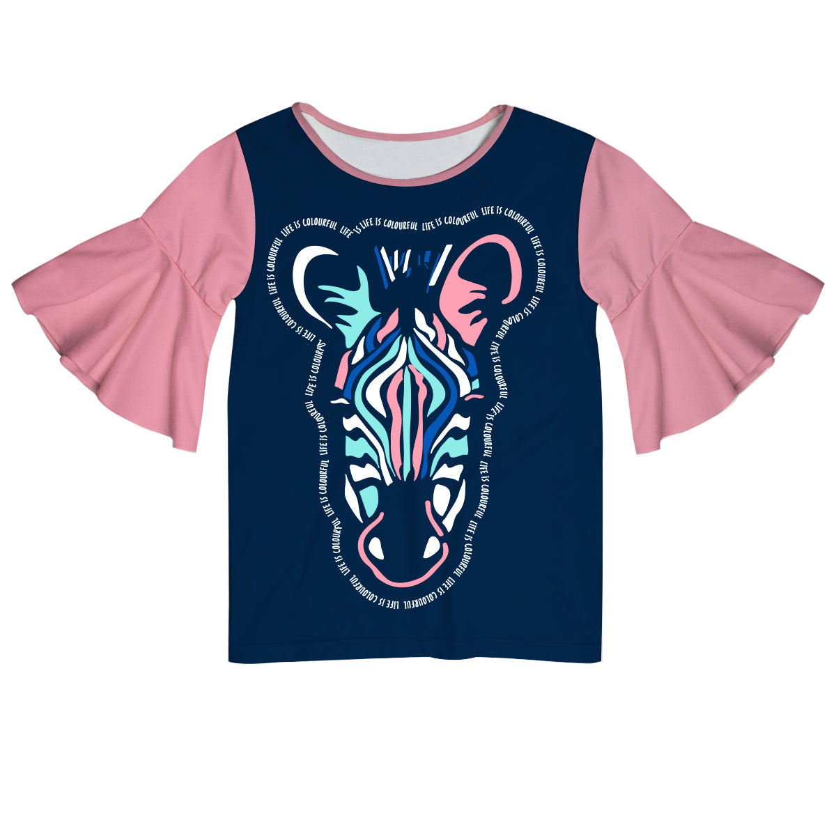 Zebra Navy and Pink Short Sleeve Ruffle Top - Wimziy&Co.